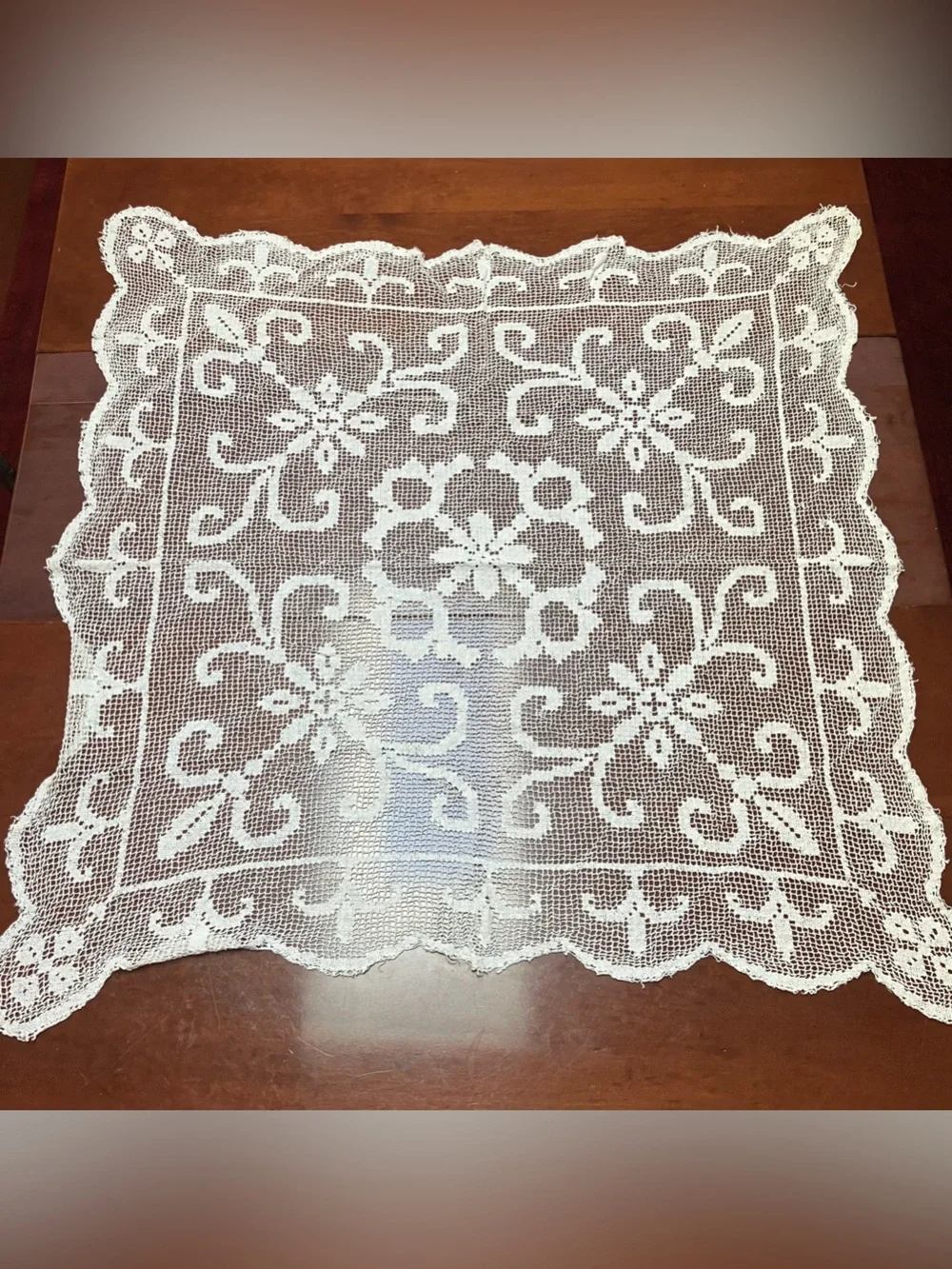 VTG Handmade Lace White TableCloth Square Floral Maximalist Grannycore 42x42